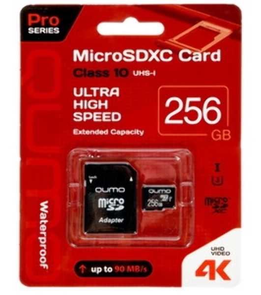 Флеш карта QUMO MicroSDXC 256 Gb 90/70 МБ/с UHS-I U3, Pro seria 3.0, адаптер в комплекте SD, красная картонная упаковка (QM256GMICSDXC10U3)