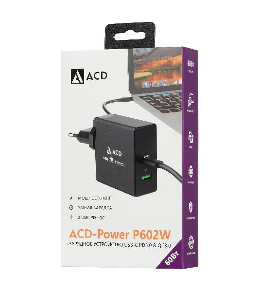 Сетевое зарядное устройство ACD-P602W-V1B 60Вт, 2xUSB 1PD+1QC, 3.6~20В/3А RTL