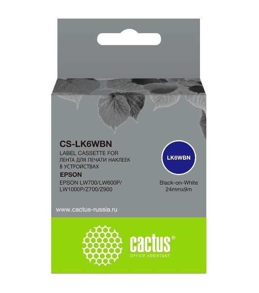 Картридж ленточный Cactus CS-LK6WBN черный, 24мм, 9м для Epson LW700/LW600P/LW1000P/Z700/Z900