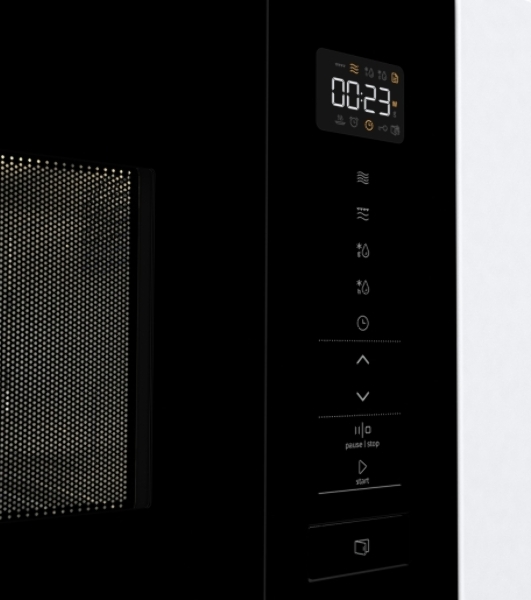 Встраиваемая микроволновая печь Gorenje BM201SG3BG, 20 л, 5 уровней мощности, 8 автопрограмм, сенсорное управление, дисплей, гриль, поворотный стол, AquaClean, автоменю черный