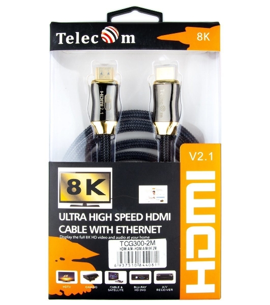 Кабель HDMI 19M/M,ver. 2.1, 8K@60 Hz 2m метал разъемы, нейлоновая оплетка Telecom TCG300-2M