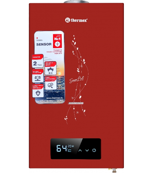 Водонагреватель газовый проточный Thermex S 20 MD Art Red красный, 20 кВт, настенный, электронное управление, производительность 10 л/мин