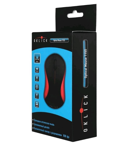 Мышь проводная Oklick 115S черный/красный, 1200 dpi, USB, кнопки - 3