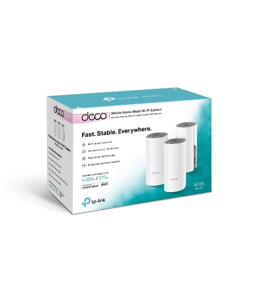 Домашняя Mesh Wi-Fi система TP-Link Deco E4 (3-Pack), 1167 Мбит/с (5 ГГц: до 867 Мбит/с + 2,4 ГГц: до 300 Мбит/с), 2 порта 100 Мбит/с, 2 встроенные антенны на каждом модуле Deco