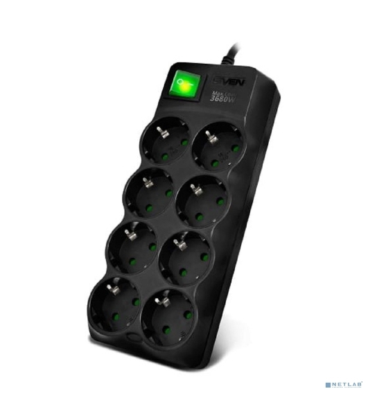 Сетевой фильтр SVEN SF-08E-16 (1,8 м 8 розеток с защитными шторками,16А) черный, цветная коробка