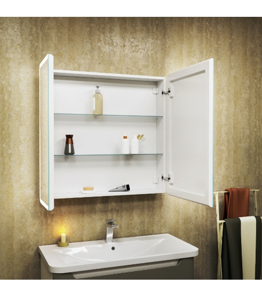 Зеркальный шкаф Bau Stil 80х80, LED подсветка, сенсор, плавное закрывание, оборачиваемый