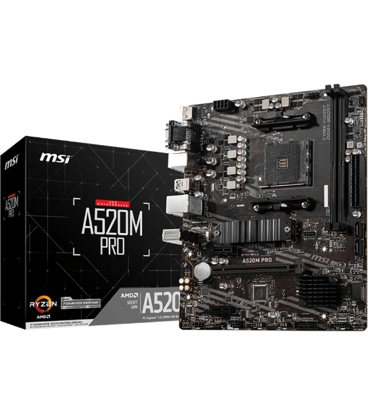 Материнская плата MSI A520M PRO, AM4, AMD A520, 2xDDR4, 4xSATA, 1xM.2, 1xPCIe 3.0 x16, 1xVGA, 1xDP, 1xHDMI, 1x 1Gb LAN, 2xUSB 2.0, 4xUSB 3.2 Gen 1, 3x3.5 мм, 7.1, mATX