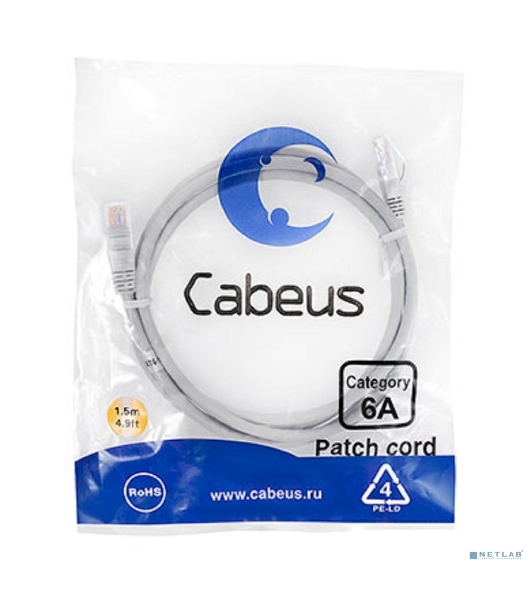 Шнур коммутационный Cabeus, cat.6a, неэкр., U/UTP, RJ45/RJ45, LSZH, AWG24, 1.5м, серый