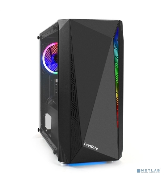 Компьютерный корпус Minitower ExeGate EX294384RUS Mistery R2 (mATX, без БП, 2*USB+1*USB 3.0, аудио, черный, 1 вент. 12см с RGb подсветкой и полоса на передней панели, боковая панель - закаленное стекло)