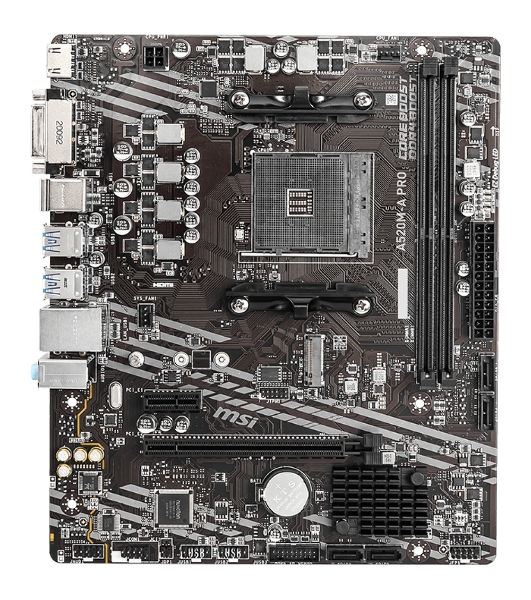 Материнская плата MSI A520M-A PRO, AM4, AMD A520, 2xDDR4, 4xSATA, 1xM.2, 1xPCIe 3.0 x16, 1xDVI-D, 1xHDMI, 1x 1Gb LAN, 2xUSB 2.0, 4xUSB 3.2 Gen 1, 3x3.5 мм, 7.1, mATX