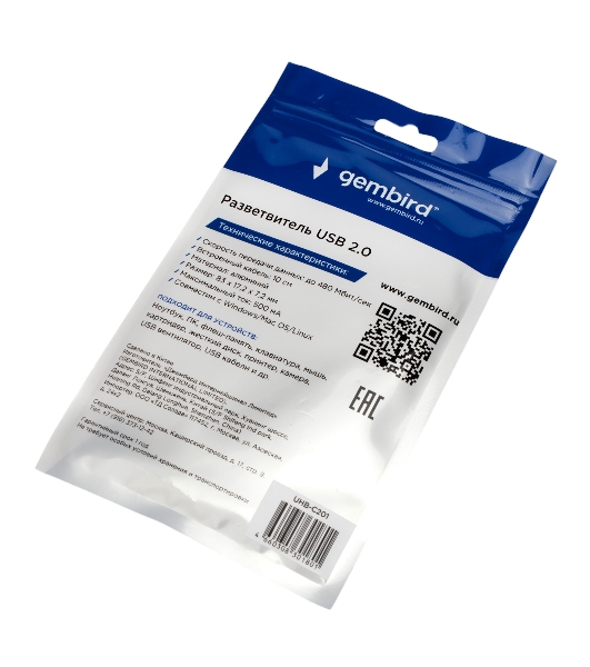Разветвитель USB2.0 Gembird UHB-C201, 4xUSB2.0, кабель Type-C 10 см, алюминий, пакет
