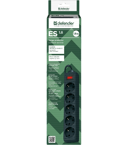 Сетевой фильтр Defender ES, 1.8 м, 5 розеток, черный