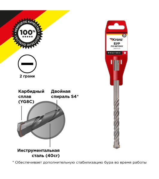 Бур по бетону Kranz 12x160x100 мм SDS PLUS