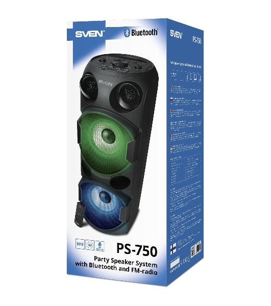 Колонка АС SVEN PS-750, черный (80 Вт, TWS, Bluetooth, FM, USB, microSD, LED-дисплей, 2х4400мА*ч)