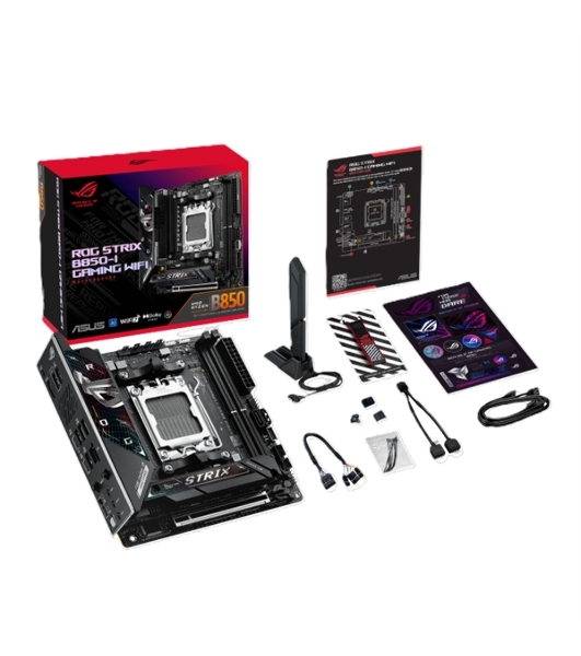 Материнская плата ASUS ROG STRIX B850-I GAMING WIFI, AM5, AMD B850, 2xDDR5, 2xM.2, 2xSATA, PCIe 4.0 x16, 1xHDMI, 1xUSB Type-C, 1x2.5Gb LAN, Wi-Fi 7, Bluetooth 5.4, 5xUSB-A 10Gbps, 1xUSB-C 20Gbps, 2xUSB-A 2.0, 3x3.5 мм, S/PDIF, 7.1, Mini-ITX