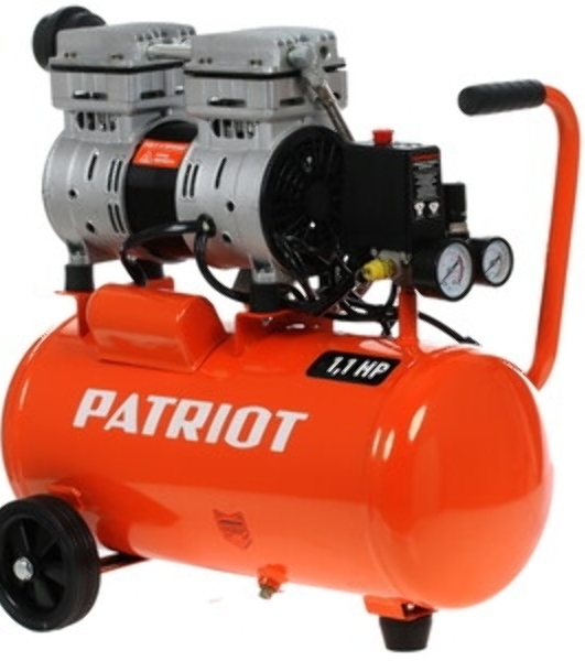 Компрессор Patriot WO 24-160 525306375 Безмасляный; Мощн. 1,1 кВт; Напр. 230В Об. двиг.: 2850 об/мин; Производительность: 160 л/мин; Объем ресивера: 24 л; Давление: 8 бар