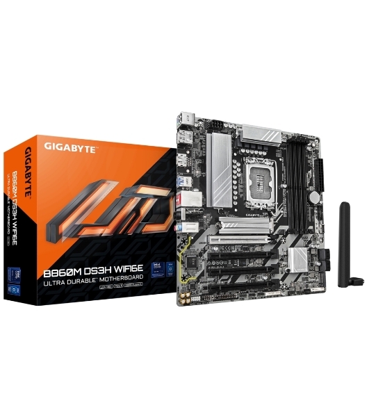 Материнская плата Gigabyte B860M DS3H WIFI6E, LGA1851, Intel B860, 4xDDR5, 4xSATA, 2xM.2, 1xPCIe 5.0 x16, 3xPCIe 4.0 x1, 2xDP, 1xHDMI, 1x2.5Gb LAN, Wi-Fi 6E, Bluetooth 5.3, 1xUSB-C 10Gbps, 2xUSB-A 10Gbps, 4xUSB-A 5Gbps, 7xUSB-A 2.0, 3x3.5 мм, 7.1, mATX