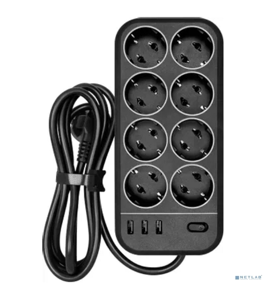 Сетевой фильтр Powercom SP-08 USB03AB 3,0 m 3.0м, 8 розеток, черный, коробка