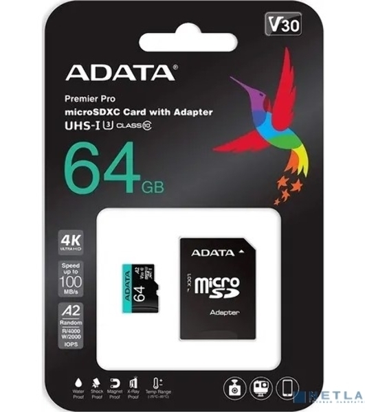 Флеш карта MICROSDXC UHS-I U3 V30S A2 100/75 MB/s 64Gb RETAIL W/1 ADAPTER