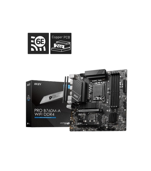 Материнская плата MSI PRO B760M-A WIFI DDR4, LGA 1700, Intel B760, 4xDDR4, 4xSATA, 2xM.2, 1xPCI-E 4.0 x16, 1xPCI-E 4.0 x4, 1xPCI-E x1, 2xHDMI, 2xDP, 1x 2.5Gb LAN, 2xUSB-A 2.0, 2xUSB-A 3.2 Gen 1, 2xUSB-A 3.2 Gen 2, 3x3.5 мм, 7.1, Micro-ATX