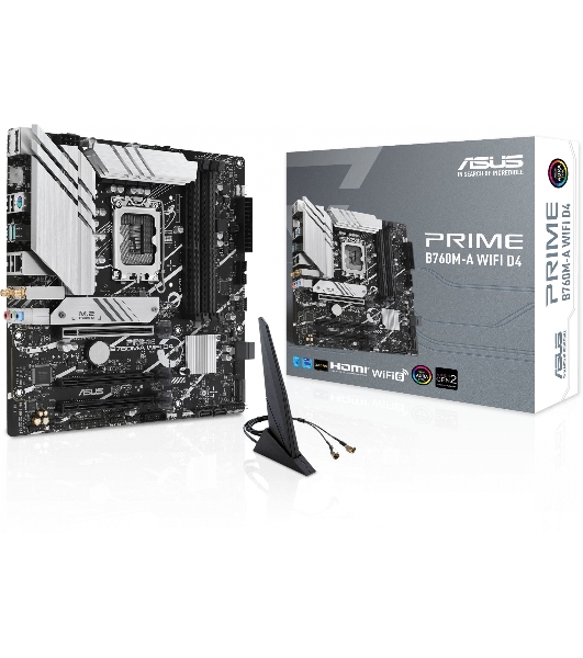 Материнская плата ASUS PRIME B760M-A WIFI D4, LGA 1700, Intel B760, 4xDDR4, 4xSATA, 2xM.2, 1xPCIe 4.0 x16, 1xPCIe 4.0 x4, 1xPCIe 4.0 x1, 2xHDMI, 1xDP, 1x 2.5Gb LAN, 2xUSB-A 3.2 Gen 2, 4xUSB-A 2.0, 3x3.5 мм, 7.1, mATX