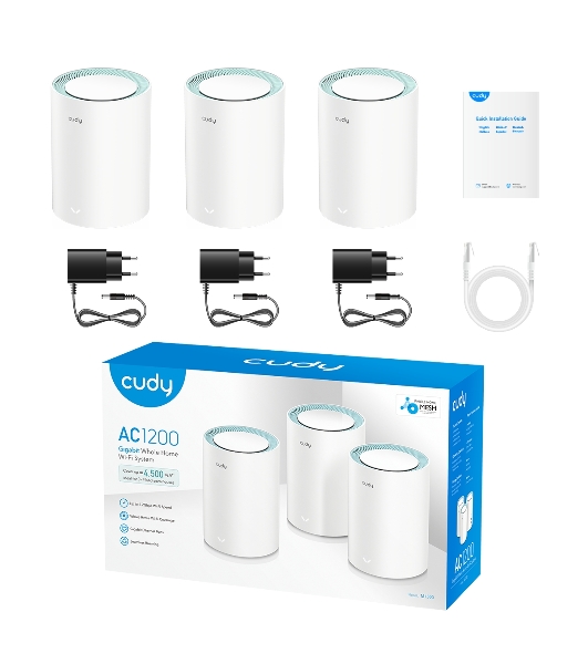 Бесшовный Mesh роутер Cudy M1300 (M1300 3-PACK) AC1200 10/100/1000BASE-TX/Wi-Fi белый (упак.:3шт)