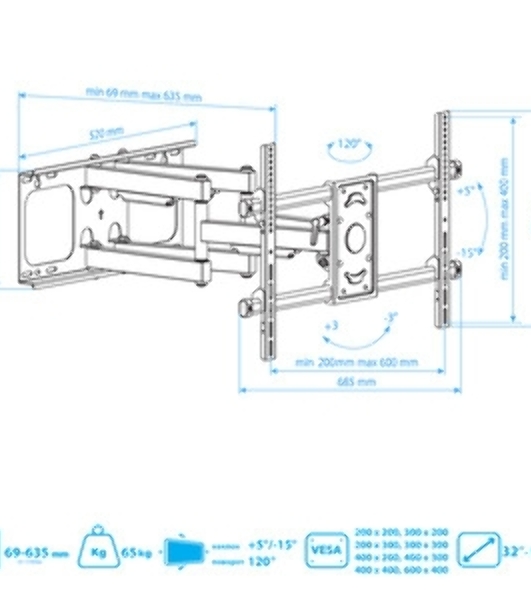 Кронштейн для телевизора Arm Media PARAMOUNT-70 черный, 32'-90' макс. 65 кг, настенный, поворотно-выдвижной и наклонный