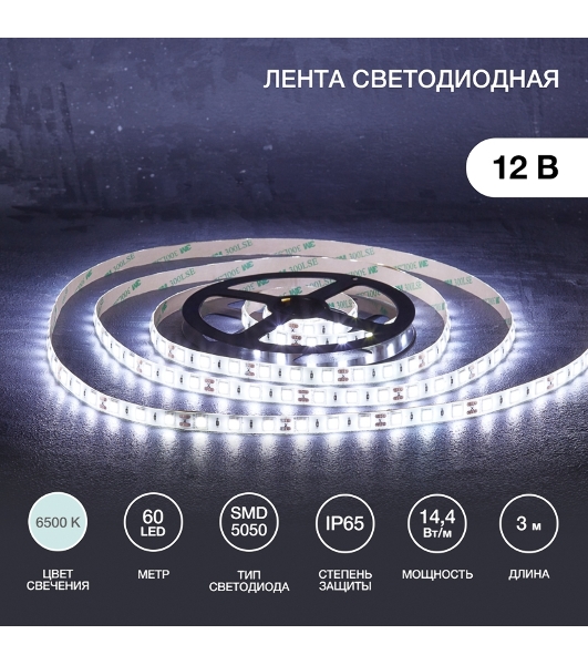 Лента светодиодная 3 м 12 В 5050 6500 К IP65 60 LED/м для БП с клеммами LAMPER