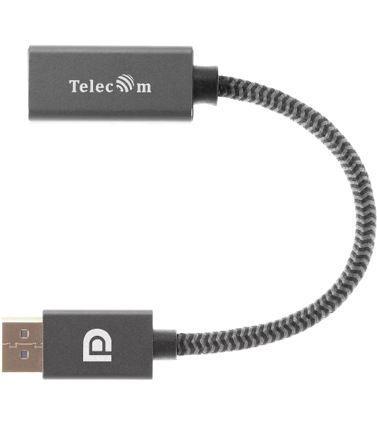 Кабель-переходник DP --> HDMI-F 0.2m, серый металлик, оплетка, 4K@60Hz, Telecom (TA560)