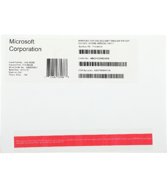 Операционная система Windows Svr Std 2022 64Bit English 1pk DSP OEI DVD 16 Core