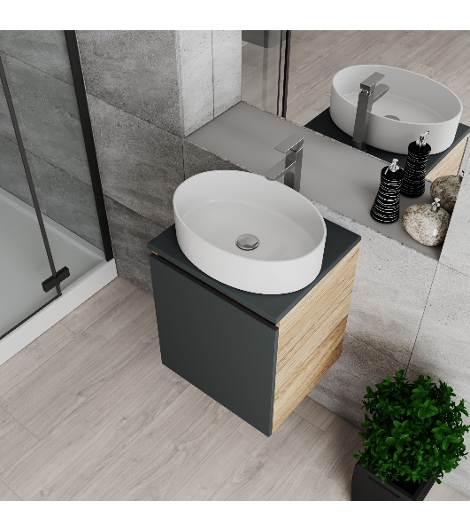 Тумба Bau Dream Blackwood 50 графит, раковина BAU Nimb 50х36, смеситель для раковины высокий Hotel Still, нержавеющая сталь, выпуск клик клак, хром