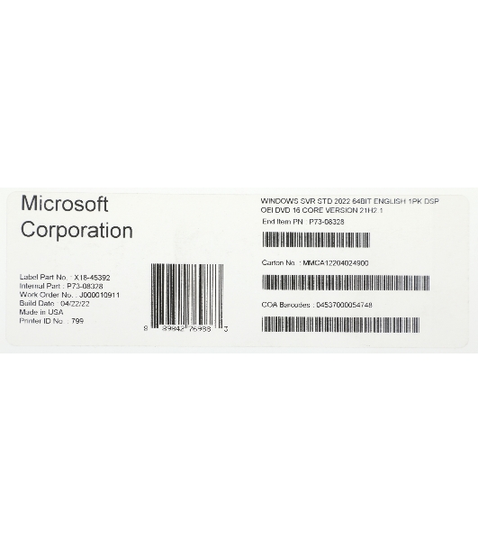 Операционная система Windows Svr Std 2022 64Bit English 1pk DSP OEI DVD 16 Core