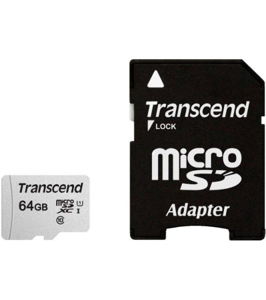Флеш карта Micro SecureDigital 64Gb Transcend Class 10 TS64GUSD300S-A MicroSDXC Class 10 UHS-I, SD adapter