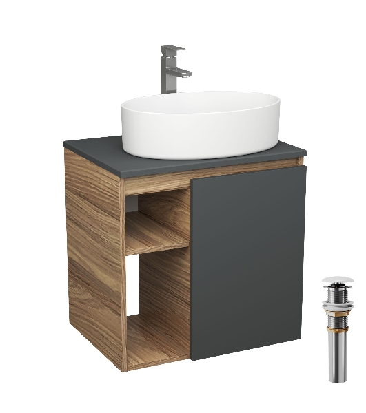 Тумба Bau Dream Blackwood 60 правая, графит, раковина BAU Nimb 50х36, смеситель для раковины высокий Hotel Still, нержавеющая сталь, выпуск клик клак, белый