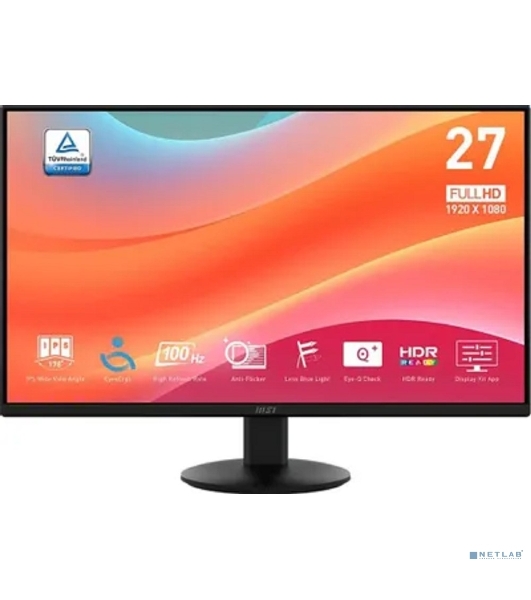 Монитор 27' MSI Pro MP272L IPS 1920x1080, 100 Гц, 4 мс, 16:9, 250 кд/м², HDMI 1.4b, DP 1.2a, 3.5 мм, FreeSync, Adaptive-Sync, черный