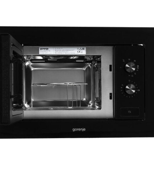 Встраиваемая микроволновая печь Gorenje, 20 л, 5 уровней мощности, 15 автопрограмм, электронное управление, дисплей, гриль, поворотный стол, цвет черный, ВxШxГ 38х56.8х34 см