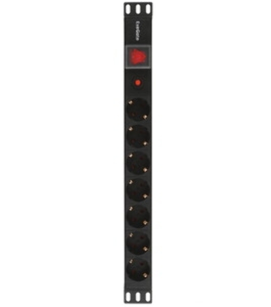 Блок розеток горизонтальный ExeGate ServerPro PDU-19H702 Al-7S-C14-SW-O, 19', 1U, Алюминий, 7 Schuko, С14, защита от перегрузки, черный