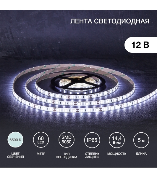 Лента светодиодная 5 м 12 В 5050 6500 К IP65 60 LED/м для БП с клеммами LAMPER