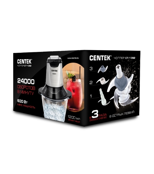 Чоппер Centek CT-1392 Сталь 600Вт 6 лезвий, стеклянная чаша 1,2л, разборные ножи
