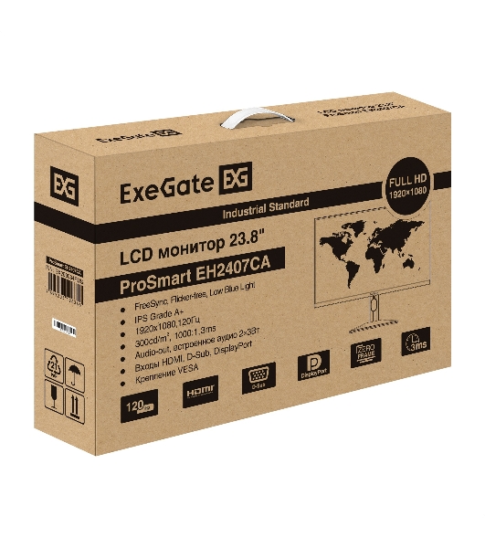 Монитор 23.8' ExeGate ProSmart EH2407CA (IPS LED Grade A+, FHD, 1920x1080@120Гц, 16:9, 250cd/m2, 1000:1, 3-5ms, Speakers, audio-out, D-Sub, HDMI2.0, DisplayPort, кабель HDMI 1.5м, VESA, регулировка высоты (HAS), регулировка наклона (tilt), поворот экрана (swivel), поворот экрана на 90° (pivot), черный)