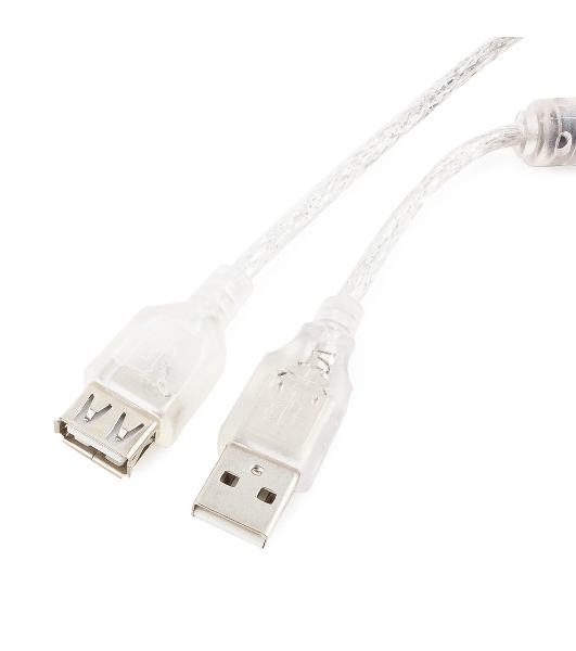 Кабель-удлинитель USB2.0 Pro Cablexpert CCF-USB2-AMAF-TR-2M, AM/AF, 2м, экран, 2феррит.кольца, прозрачный, пакет