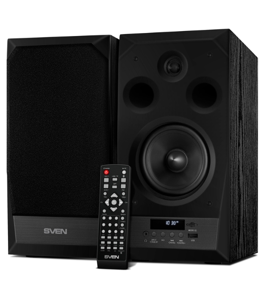 Акустическая система 2.0 SVEN MC-20, черный, мощность 2x45Вт (RMS), FM-тюнер, USB/microSD, дисплей, пульт ДУ, Bluetooth, Optical SVEN MC-20, черный, акустическая система 2.0, мощность 2x45Вт (RMS), FM-тюнер, USB/microSD, дисплей, пульт ДУ, Bluetooth, Optical