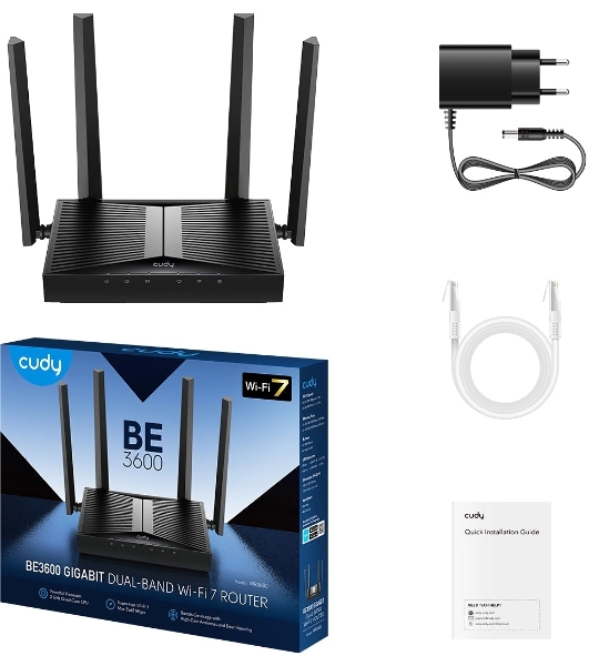 Маршрутизатор Cudy BE3600 Gigabit Dual Band Wi-Fi 7 Mesh Router, Chipset Broadcom, 802.11be/ax/ac/a/b/g/n, 2882Mbps at 5GHz + 688Mbps at 2.4GHz, 5 x 10/100/1000Mbps Ports, 4 x 5dBi fixed antennas, WiFi router/AP/Repeater/WISP Mode, PPTP/L2TP/OpenVPN/WireGuard, MLO, MU-MIMO, Guest network, WPS, DDNS, IPv6, IPTV, WOL, WPA3, TR069/TR098/TR111/TR181, Cudy APP