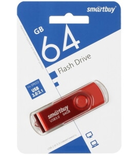 Флешка USB Smartbuy Twist Red (SB064Gb3TWR), 64Gb, USB 3.0/3.1, R/W 70/40, красный
