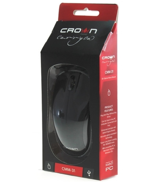 Мышь проводная Crown CMM-128 черный, 1000 dpi, USB, кнопки - 2