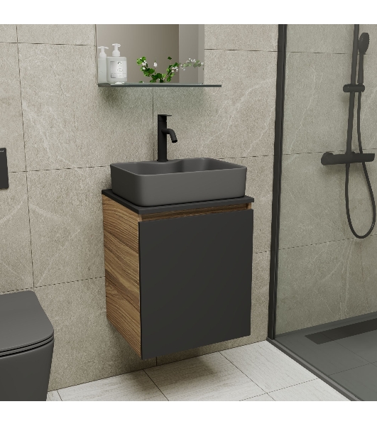 Тумба Bau Dream Blackwood 50 графит, раковина BAU Cerama 48х37 темно-серая матовая, смеситель Hotel Dream Black, нерж. сталь, черный