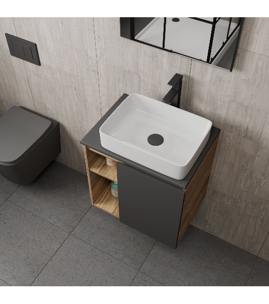 Тумба Bau Dream Blackwood 60 правая, графит, раковина BAU Hotel 48х37, смеситель для раковины высокий Hotel Black, черный, выпуск клик клак, черный