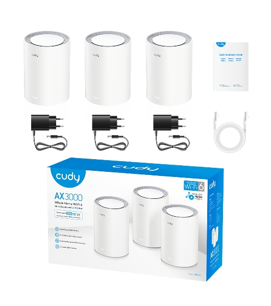 Wi-Fi Mesh-система/AX3000 Wi-Fi 6 Mesh 2.5G Solution 3-Pack, Dual-Band, Chipset MT7981BA+MT7976CN+RTL8221B, 802.11ax/ac/a/b/g/n, 2402Mbps at 5GHz + 574Mbps at 2.4GHz, 2.5G WAN+GE LAN, 5 internal antennas, MU-MIMO, DDNS, Zerotier/Wireguard/OpenVPN/IPSec/L2TP/PPTP VPN, DNS over Cloudflare/Google/Quad9, IPv6, Seamless Roaming, WPA3, TR069/TR098/TR111/TR181,easyMesh R3 Optional, Ver 2.0, Cudy Mesh, Cudy APP