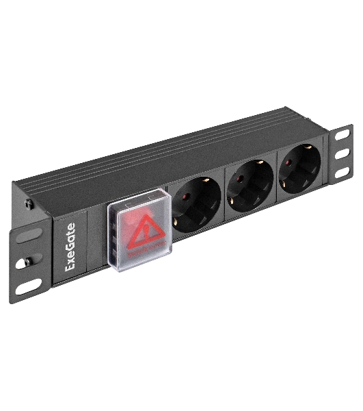 Блок розеток 10' с выключателем с подсветкой ExeGate ServerPro PDU-10H305 Al-3S-C14-SW (10', 1U, Алюминий, 3 Schuko, C14, выкл. с подсветкой, (ШхВхГ): 254х45х45 мм, черный, RTL)