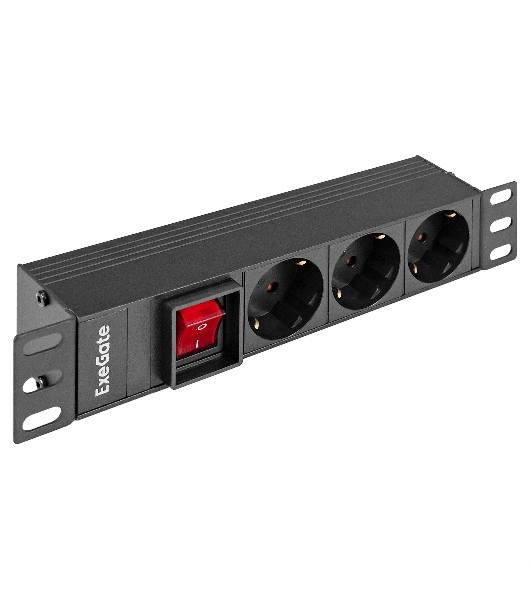 Блок розеток 10' с выключателем с подсветкой ExeGate ServerPro PDU-10H305 Al-3S-C14-SW (10', 1U, Алюминий, 3 Schuko, C14, выкл. с подсветкой, (ШхВхГ): 254х45х45 мм, черный, RTL)